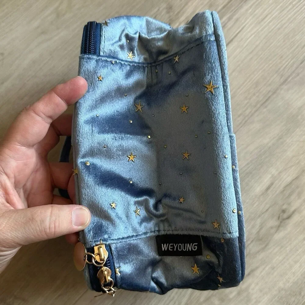 Smoky Blue Velour & Metallic Gold Stars Cosmetic Case Bag